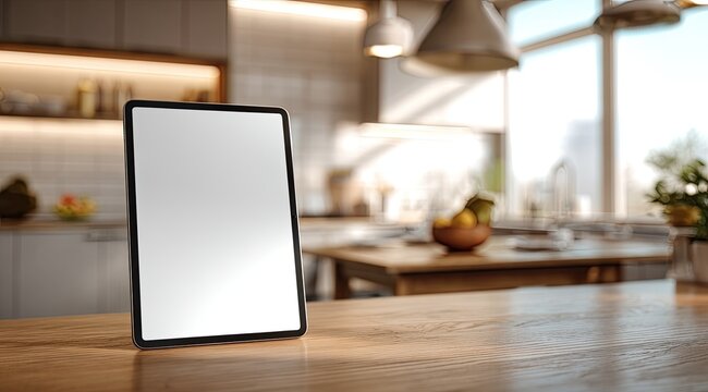 Blank tablet on a kitchen counter, modern interior - Powered by Adobe