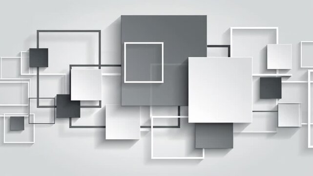 Abstract geometric composition featuring overlapping squares and rectangles with subtle shadows.