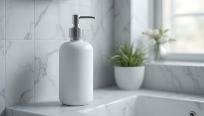 Fototapeta premium Elegant white soap dispenser gleams on luxurious marble countertop, creating a serene spa-like ambiance for modern bathrooms and self-care routines.