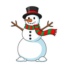 Cute Christmas snowman with carrot nose, hat and striped scarf isolated on transparent background