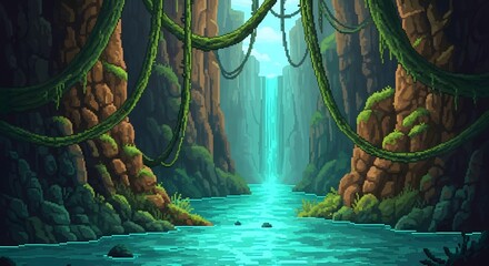 pixel art game level background, 8 bit, landscape, arcade video game, pixel style. Pixel art landscape of a river flowing through a lush, green canyon with vines hanging from the rock formations.