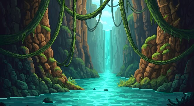 pixel art game level background, 8 bit, landscape, arcade video game, pixel style. Pixel art landscape of a river flowing through a lush, green canyon with vines hanging from the rock formations.