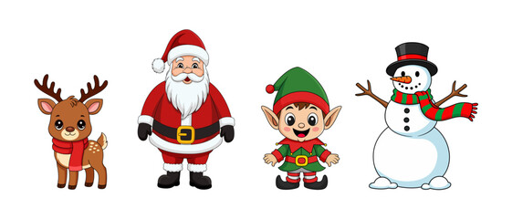 Set of Christmas vector elements Santa Claus, elf, reindeer and snowman. Holidays clipart for Christmas card, sticker and print.