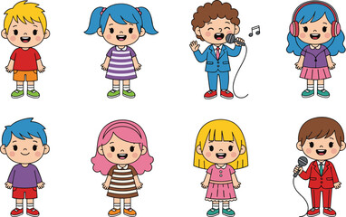 Cute cartoon children with different hairstyles and outfits, some singing into microphones or wearing headphones, ideal for music, education, and kid-friendly designs