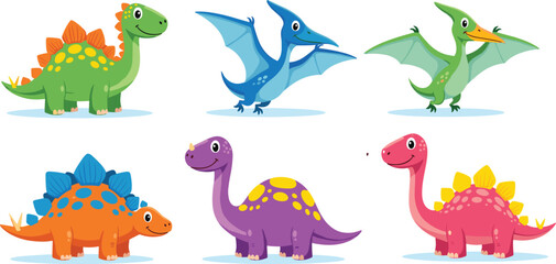 Cute cartoon dinosaurs in bright colors including Stegosaurus, Pterodactyl, and Brontosaurus, perfect for children’s books, educational materials, and playful designs