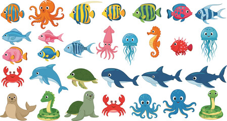 Cute cartoon sea animals including fish, octopus, dolphin, shark, crab, jellyfish, seahorse, turtle, seal, and eel, perfect for ocean themes, kids education, and marine life designs