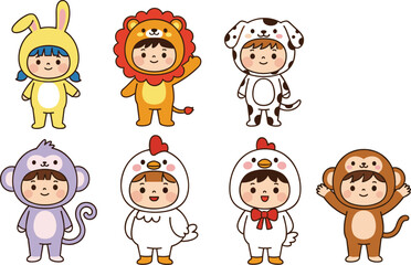 Cute children in animal costumes, bunny, lion, dog, monkey, chicken, fun vector illustration for kids, party, education, and design