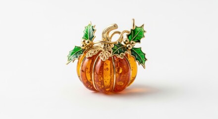 Small orange pumpkin brooch with green