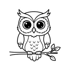Fototapeta premium Cute owl sitting on branch vector line art black and white cartoon