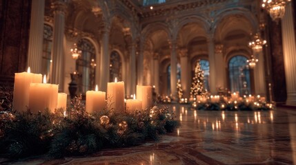 Obraz premium festooned holiday candles lit in a grand hall,