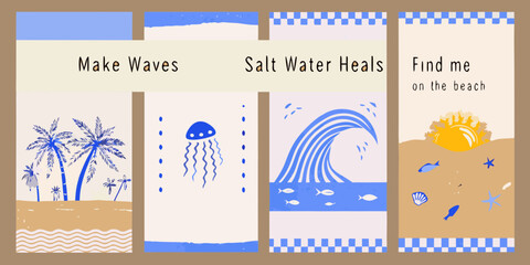 Beach themed collage with inspirational quotes and coastal illustrations