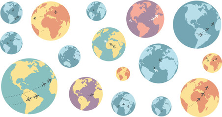 Colorful World Globe Bubbles with Airplanes Flying Across Earth Maps