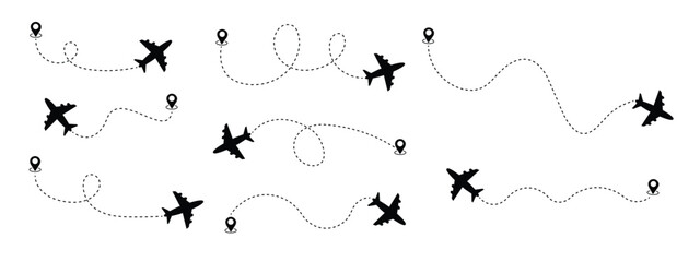 Airplane dashed route paths vector set, doodle dotted flight lines with looping trails, jet silhouettes, travel navigation waypoints, curved and straight trajectories. Vector ilustration.