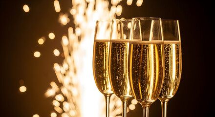 Dramatic shot of golden beverages for a toast, illuminated by the intense, blurred glow of a celebratory sparkler at a night event.