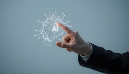 Elegant businessperson activates futuristic AI with touch, visualizing powerful technology and innovation in modern tech era for strategic advantage