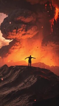 Silhouette of a person with arms outstretched watches a powerful volcanic eruption, a dramatic scene of natural disaster and awe