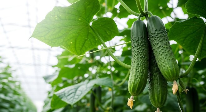 Ripe cucumbers hanging in ripe cucumbers hanging sustainable farming and organic produce.a modern indoor hydroponic greenhouse