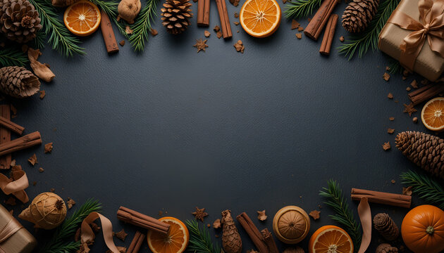 Festive christmas arrangement with pine cones cinnamon sticks oranges and gifts on dark background