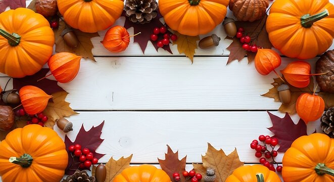 Autumn border of mini orange pumpkins, red berries, acorns, pine cones, and colorful fall leaves on rustic white wooden planks, ideal for seasonal designs. - Powered by Adobe