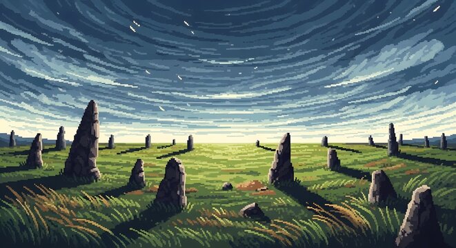 A stylized pixel art landscape featuring ancient standing stones in a vast green field under a dramatic, swirling blue sky.