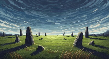 pixel art game level background, 8 bit, landscape, arcade video game, pixel style. An artistic depiction of a field with standing stones under a swirling sky.