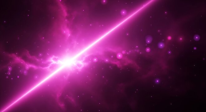 Pink neon light beam cutting through a glowing nebula with scattered bright particles and cosmic dust in a vast dark space. abstract futuristic background.