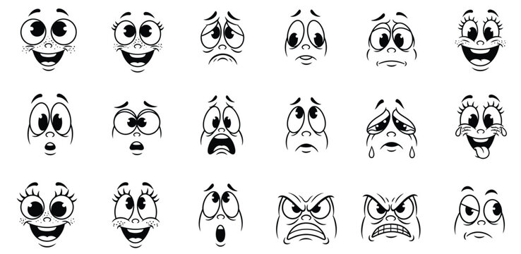 Collection of vintage cartoon character faces showing a wide range of expressive emotions and styles