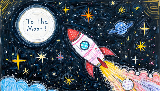 Child's Marker Drawing of a Rocket Blasting Off "To The Moon!" in Space