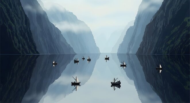 pixel art game level background, 8 bit, landscape, arcade video game, pixel style. Serene fjord landscape with small boats sailing on calm water, reflecting mountains and cloudy sky.