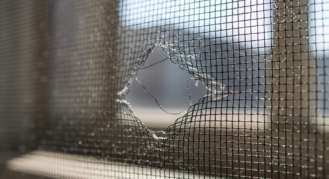 Damaged window screen with a hole letting in sunlight and air  