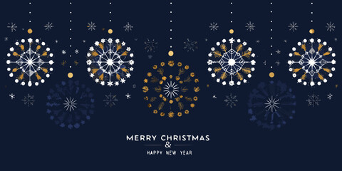 Elegant merry christmas and happy new year greeting card with decorative snowflakes and festive text