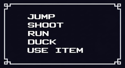 Retro Video Game Action Menu Jump Shoot Run Duck Use Item Screen