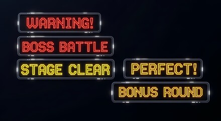 Retro Video Game Notification Screens Warning Boss Battle Stage Clear Perfect Bonus Round Text Alerts