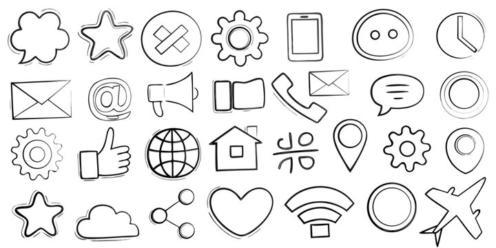 Collection of hand drawn black and white communication and social media icons on a white background
