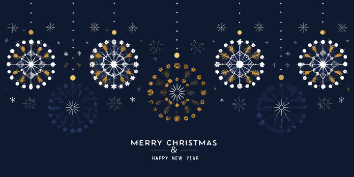 Elegant merry christmas and happy new year greeting card with decorative snowflakes and festive text