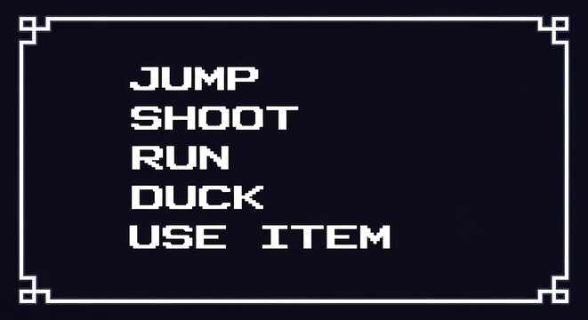 Retro Video Game Action Menu Jump Shoot Run Duck Use Item Screen