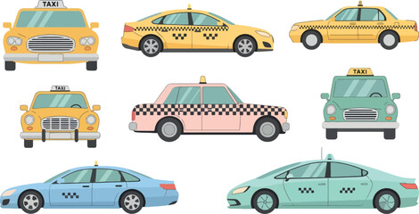 Naklejka premium Collection of Cartoon Taxi Cars in Various Colors and Styles