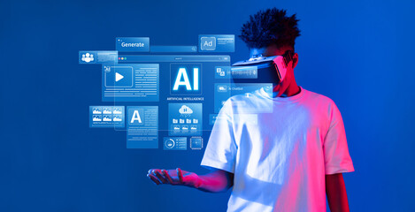 A young man engages with virtual reality technology, exploring advanced content creation using artificial intelligence in a futuristic digital environment. XDMCP