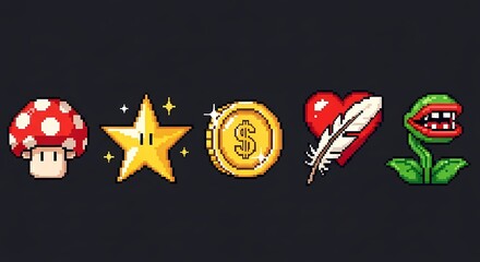 Retro Pixel Art Icons Mushroom Star Coin Feather Heart and Carnivorous Plant on Dark Background