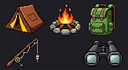 Pixel Art Camping and Outdoor Adventure Icons Tent Fire Backpack Fishing Rod Binoculars for Travel Graphics