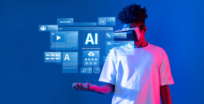 A young man engages with virtual reality technology, exploring advanced content creation using artificial intelligence in a futuristic digital environment. XDMCP