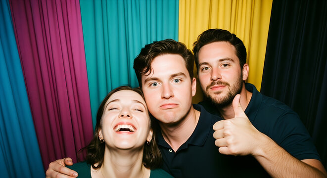 Group of friends posing and smiling in front of colorful backdrop  