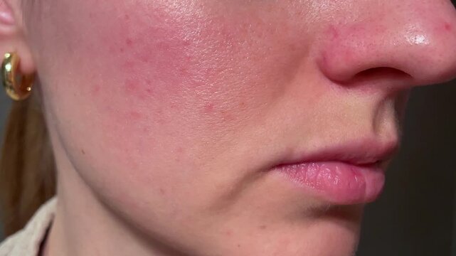 Close-up of facial cheek redness, irritation and uneven skin texture. Ideal for dermatology, rosacea, sensitive skin education, cosmetic treatment visuals and medical skincare content.
