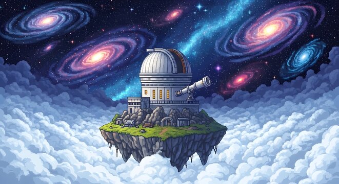 pixel art game level background, 8 bit, landscape, arcade video game, pixel style. A celestial observatory sits atop a floating island, surrounded by swirling galaxies in a vibrant night sky.
