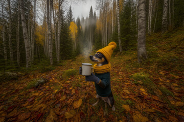 Funny dog sits in an autumn forest wearing knitted scarf and hat and drinking coffee. Autumn atmosphere.