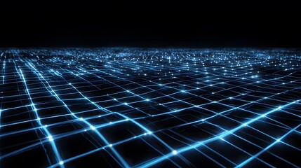 An abstract blue technology background featuring a glowing digital pattern of binary code lines in motion across dark space