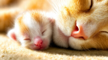 Tabby kitten ginger color snuggles with sleeping mom cat on soft blanket. Concept of family, bonding, tenderness.