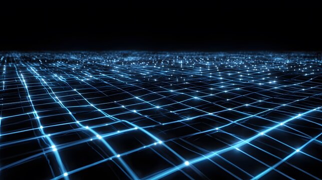 An abstract blue technology background featuring a glowing digital pattern of binary code lines in motion across dark space