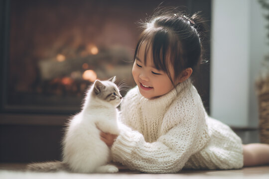 Cute little asian girl hugging her cat in Christmas. Little girl in a white knitted sweater. Holiday concept. Postcard. New Year.