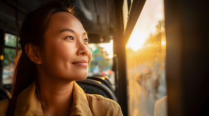 Woman feeling hopeful and relaxed while commuting on public transport during a beautiful golden hour sunset